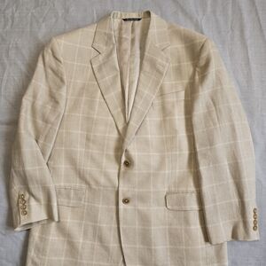 Brooks Brothers Men's Regent Beige Plaid Silk Linen Wool Blazer 43R Two-Button